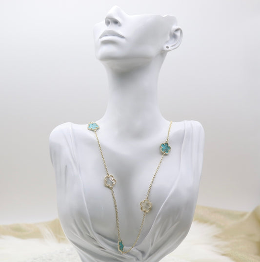 Mother of Pearl and Turquoise Five Leaf Flower Petal Pendant Necklace