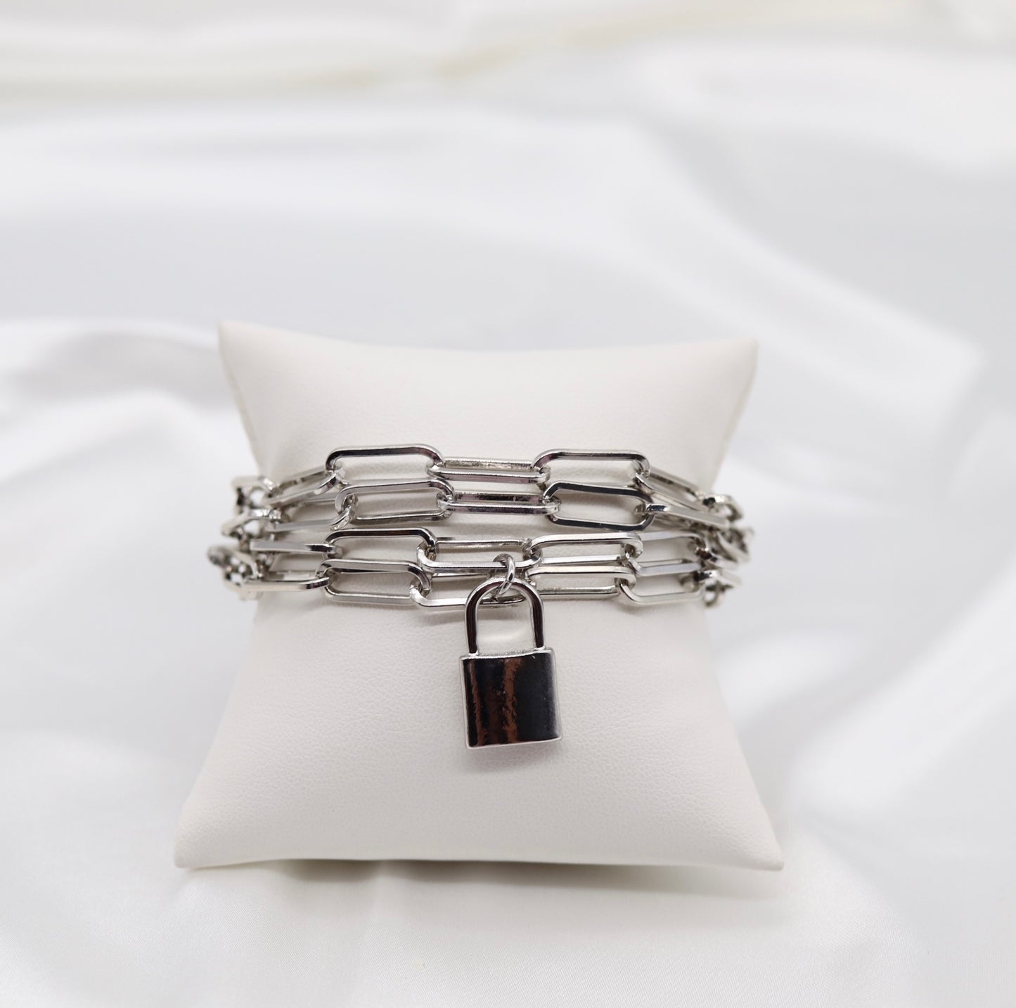 Beautiful Multi-Layer Silver Paperclip Chain Bracelet with Dangling Lock and Magnetic Clasp