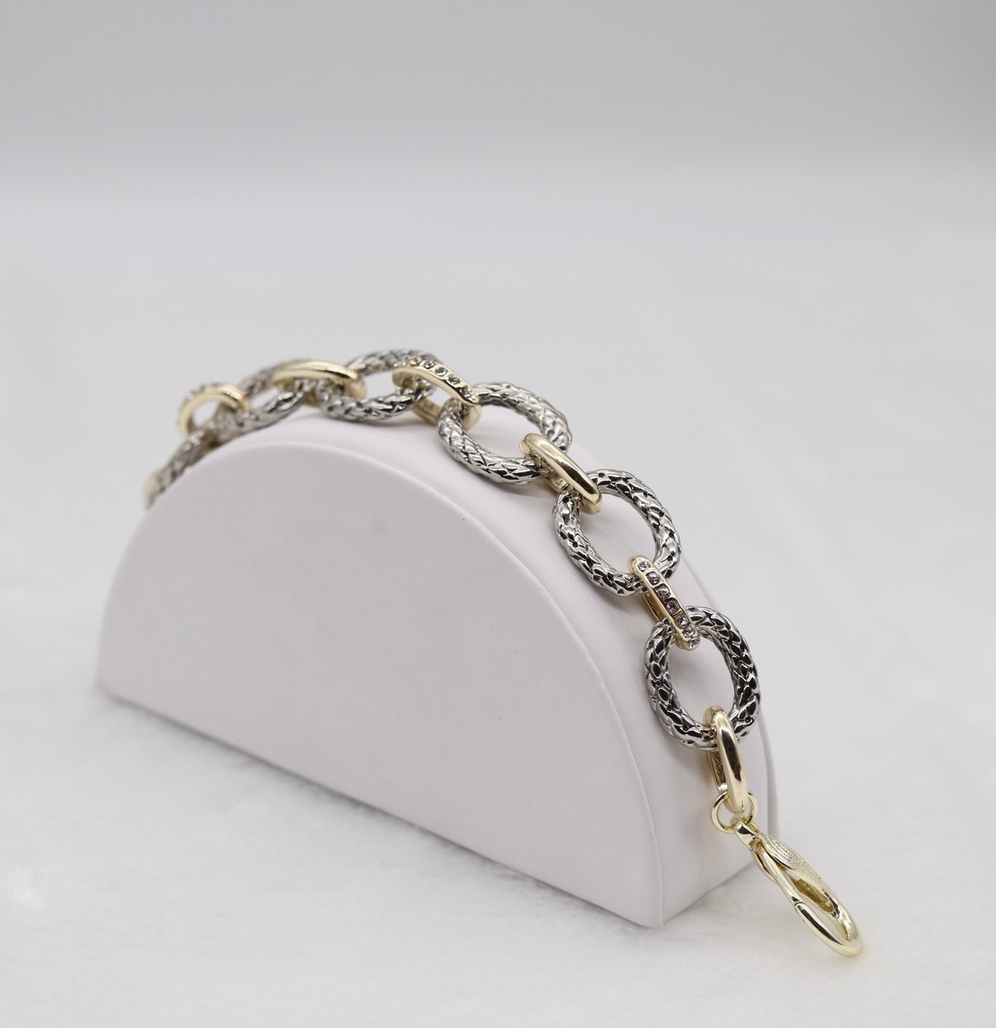 Textured Silver and Gold Link Bracelet with Crystal Accents