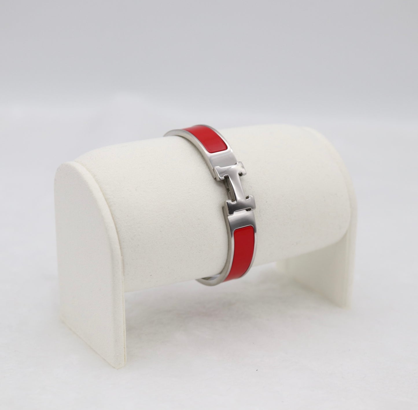 Bold Red Enamel “H” Bracelet – Silver Tone