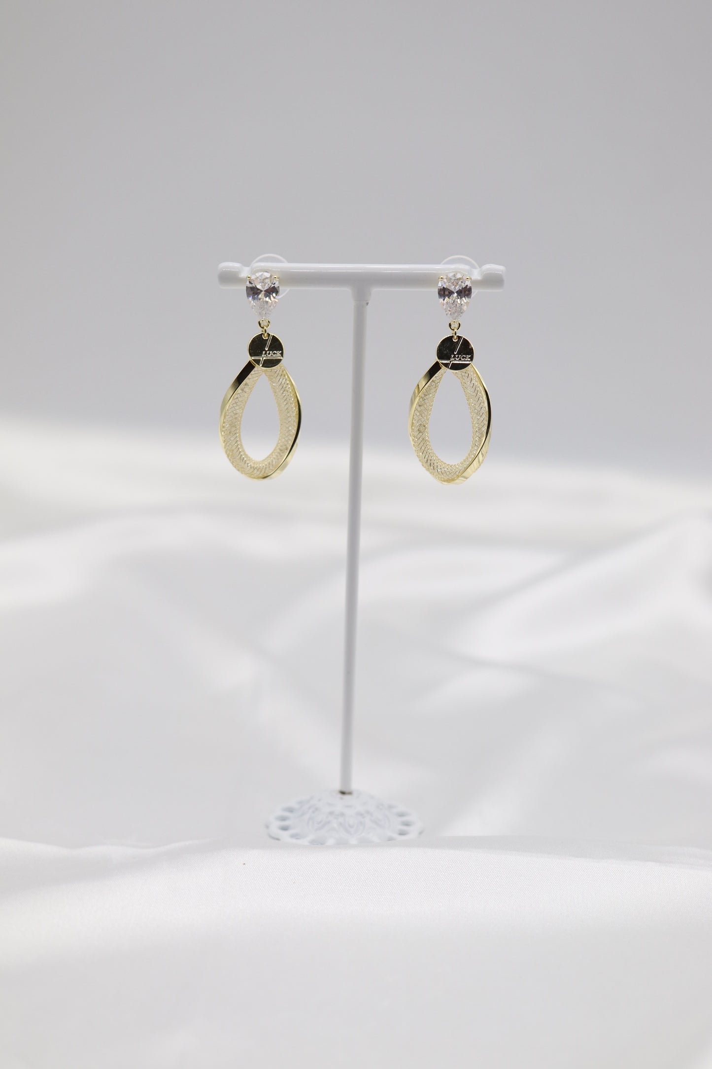 Teardrop Textured Gold Earrings with Crystal Studs