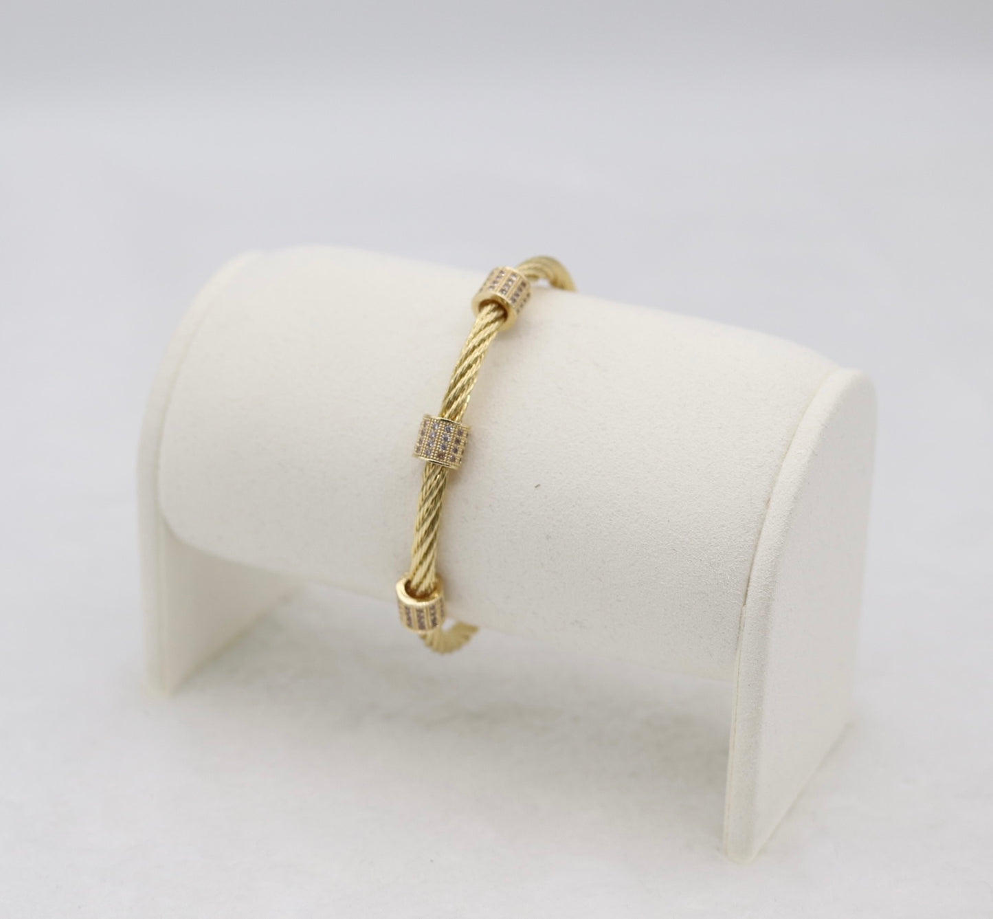 Gold Cable Cuff Bracelet with Pave Crystal Barrel Accents