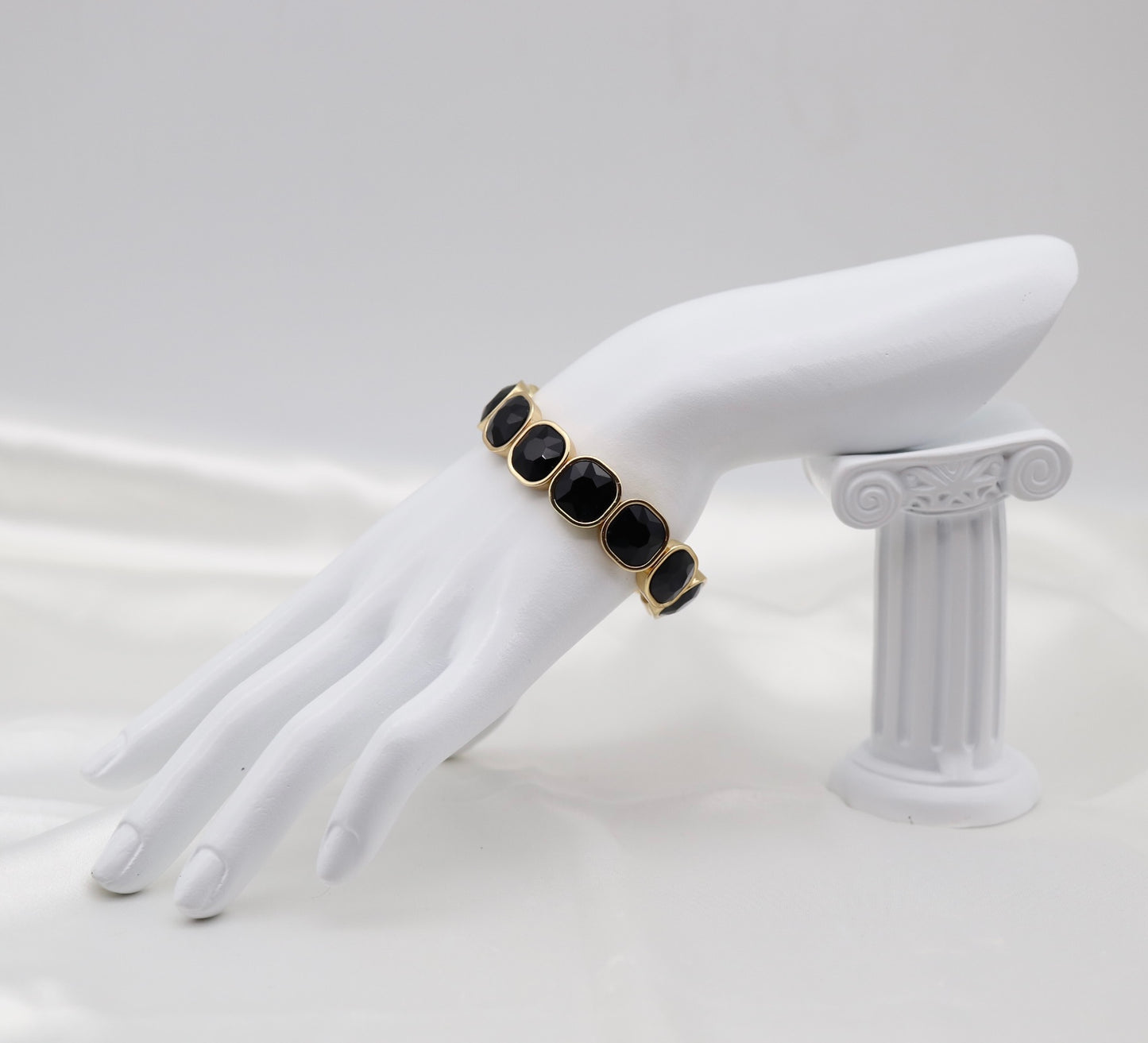 Black Faceted Stone & Gold Stretch Bracelet
