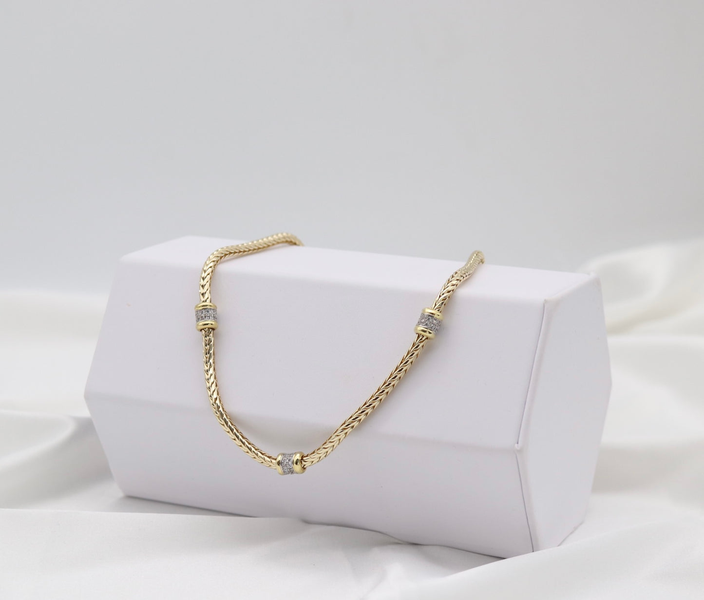 Gold Tone Woven Collar Necklace with Crystal Accent Rings