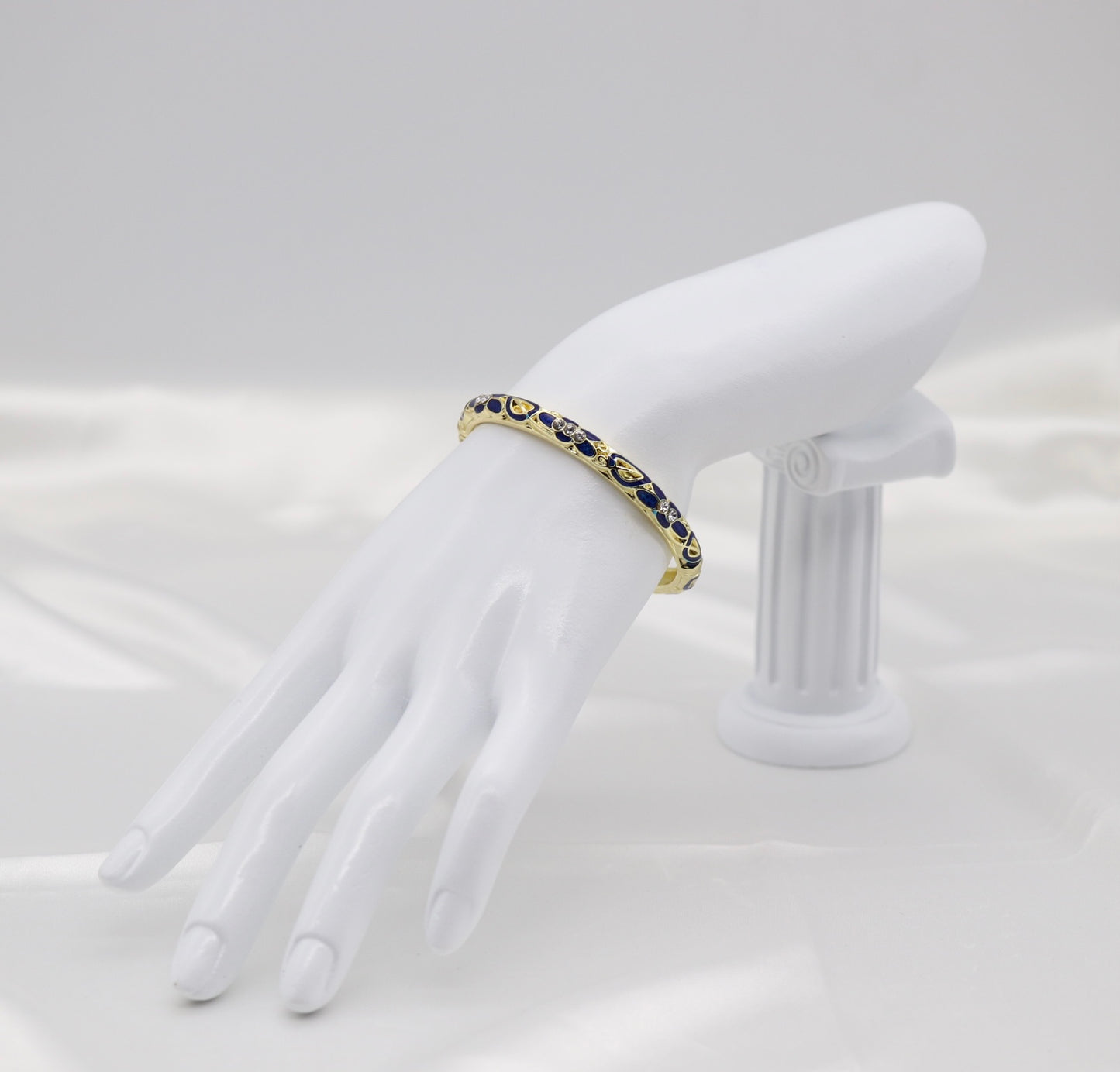 Thin Navy Blue and Gold With CZ Station Enamel Hinged Bangle Bracelet