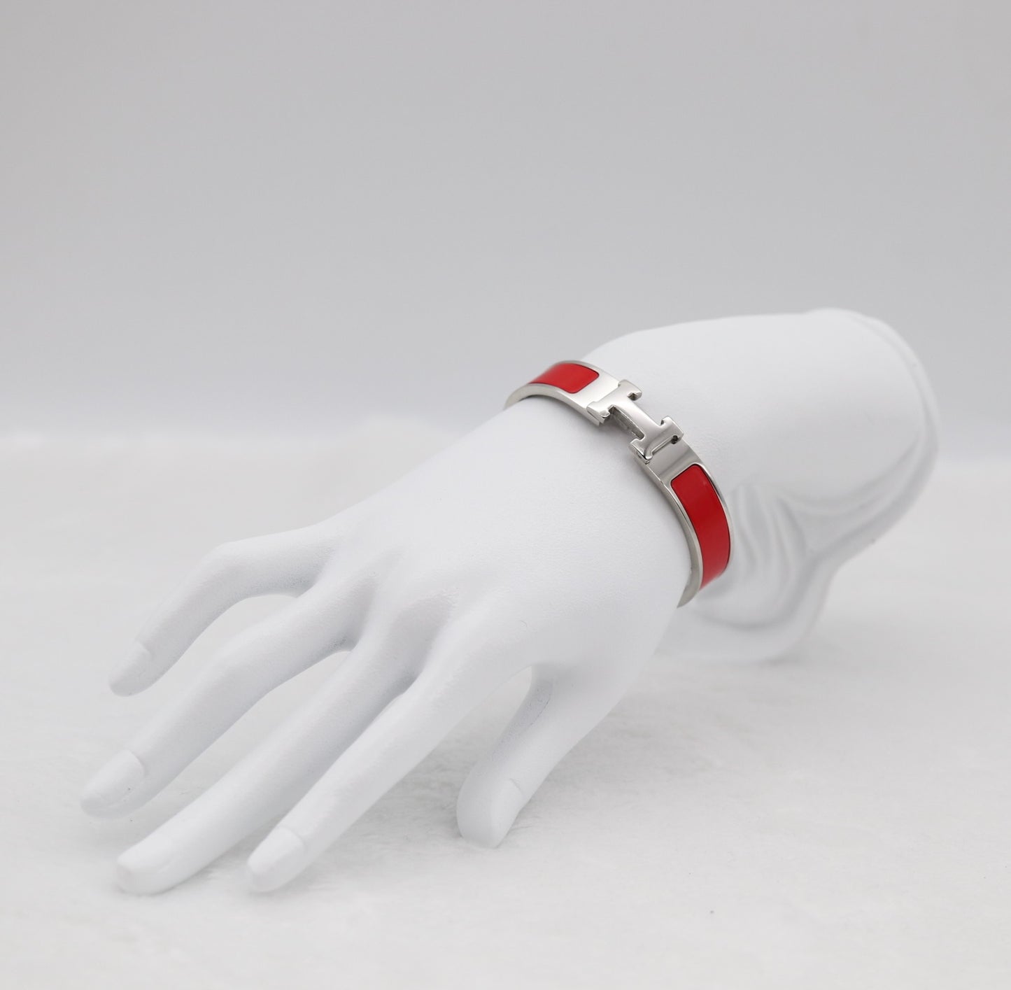 Bold Red Enamel “H” Bracelet – Silver Tone