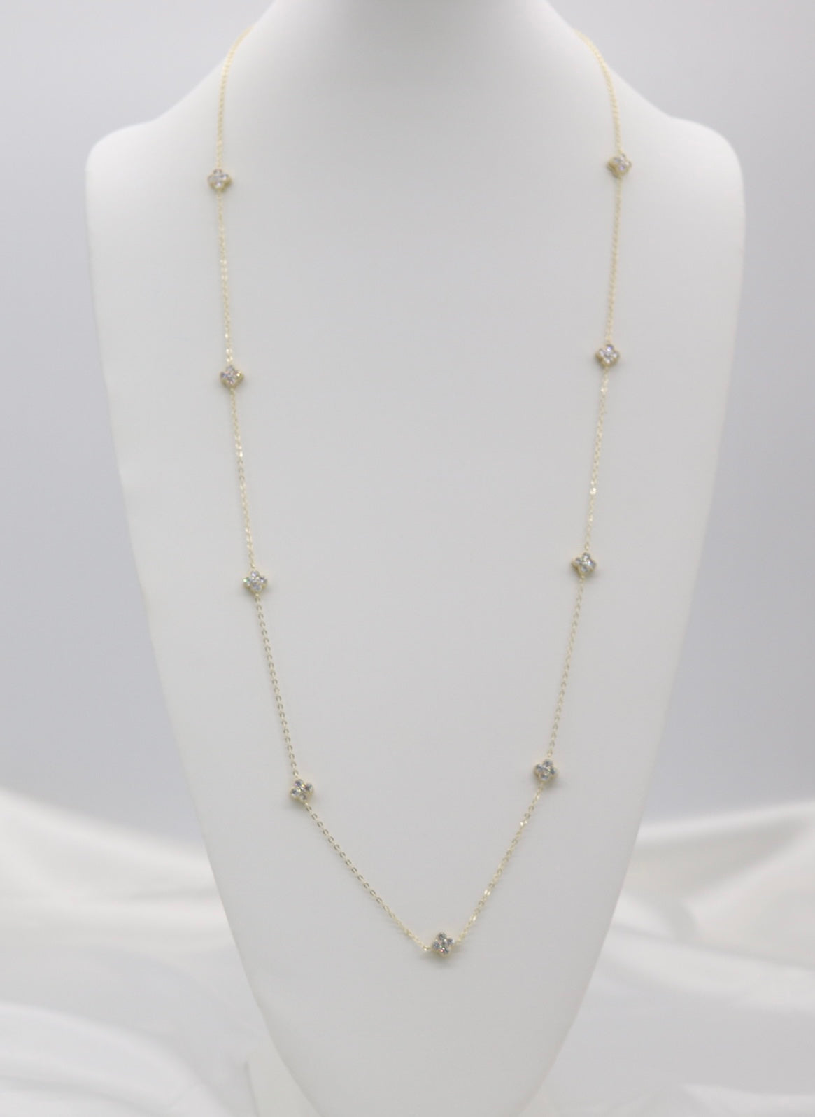 Mini CZ Clover Stations Gold Necklace - 36”