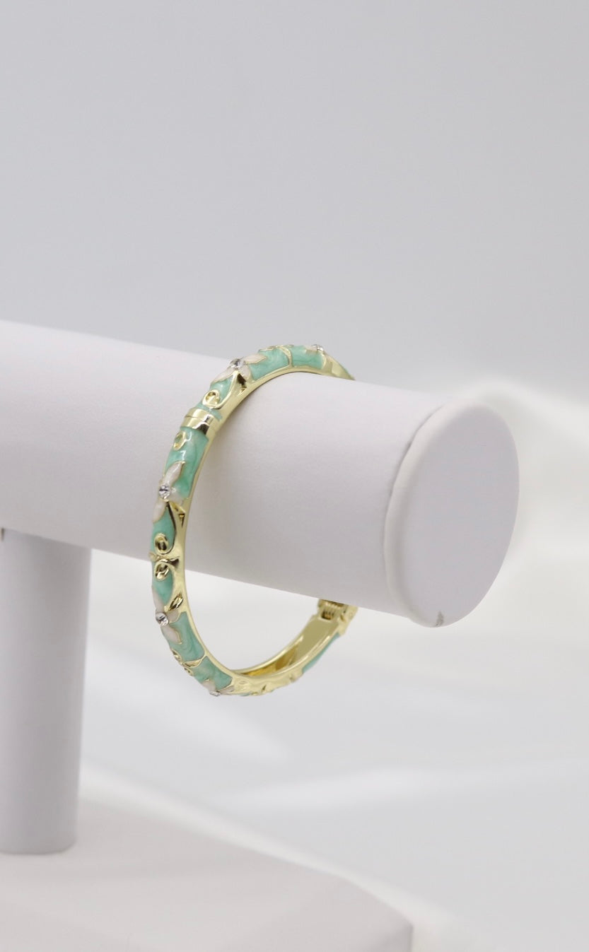 Thin Light Green With CZ Station Enamel Hinged Bangle Bracelet