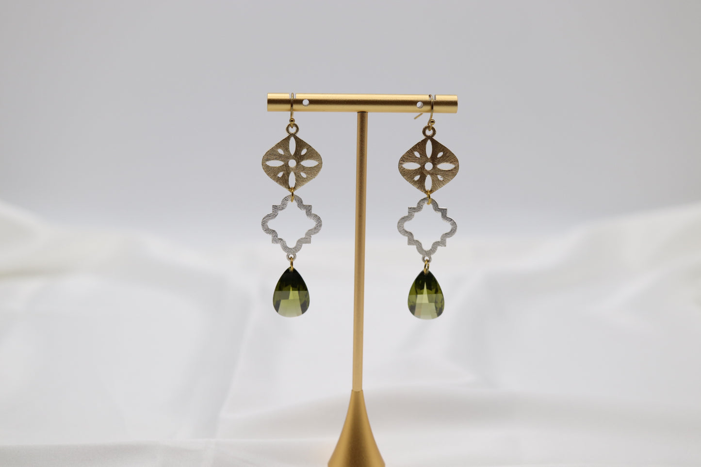 Filigree Dangling Emerald Green Stone Earrings Made With Faceted Fancy Cut Cubics