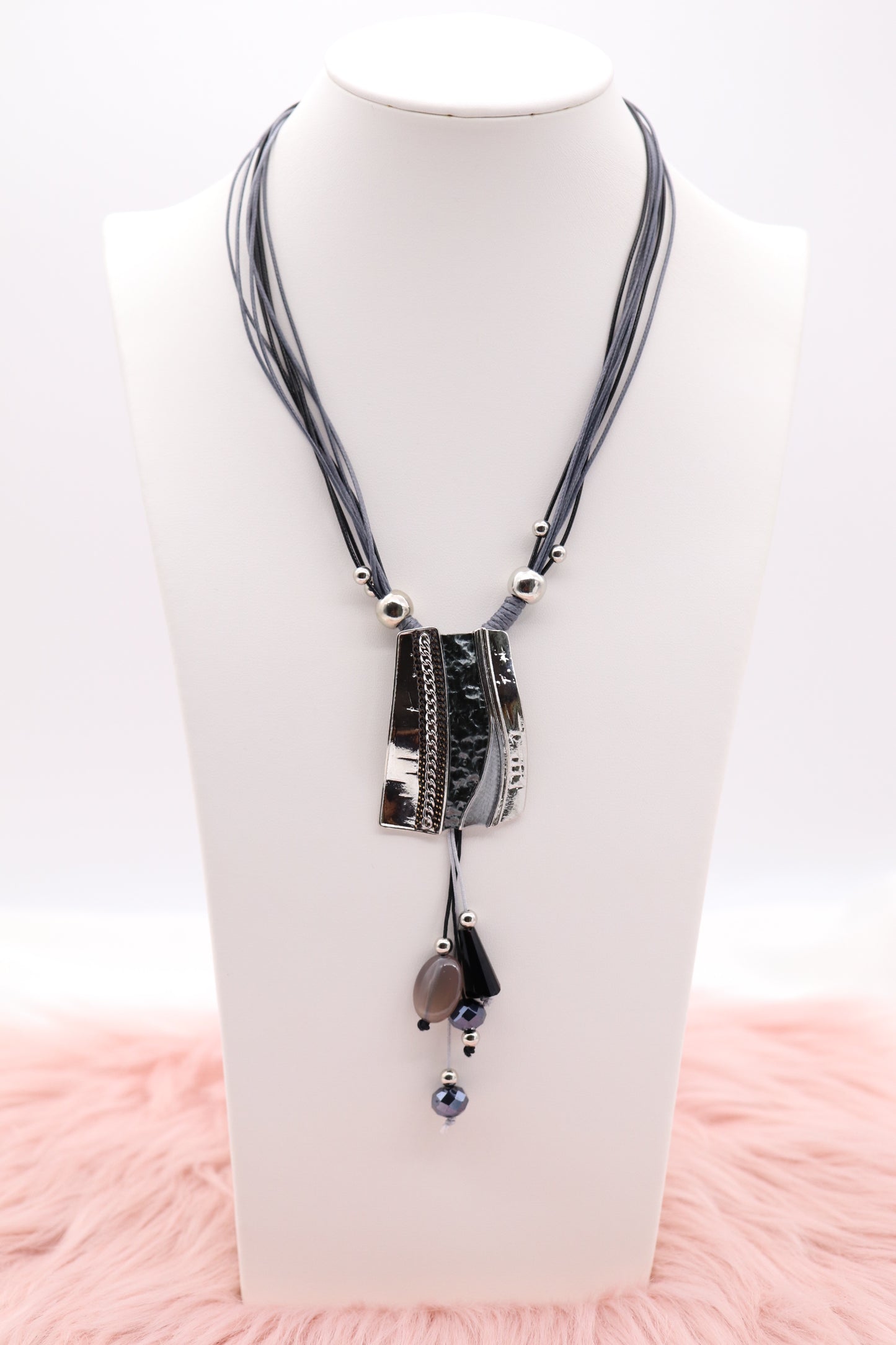 Silver and Black Metal Pendant With Dangling Stones, Multi Black and Silver Rope Necklace