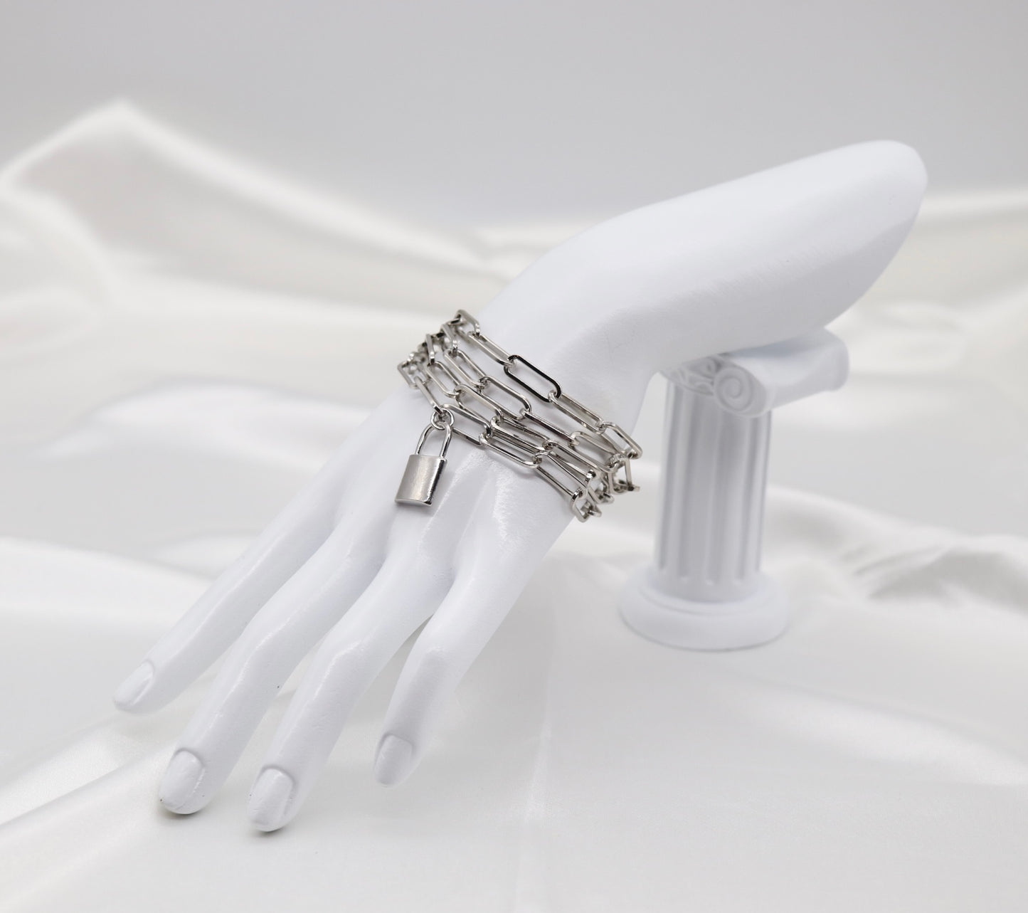 Beautiful Multi-Layer Silver Paperclip Chain Bracelet with Dangling Lock and Magnetic Clasp