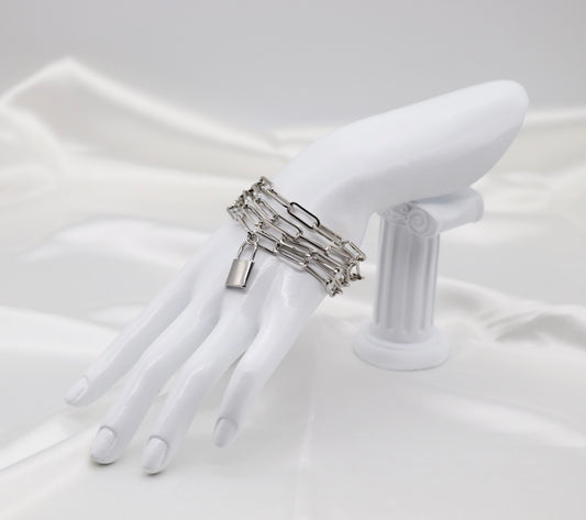Beautiful Multi-Layer Silver Paperclip Chain Bracelet with Dangling Lock and Magnetic Clasp
