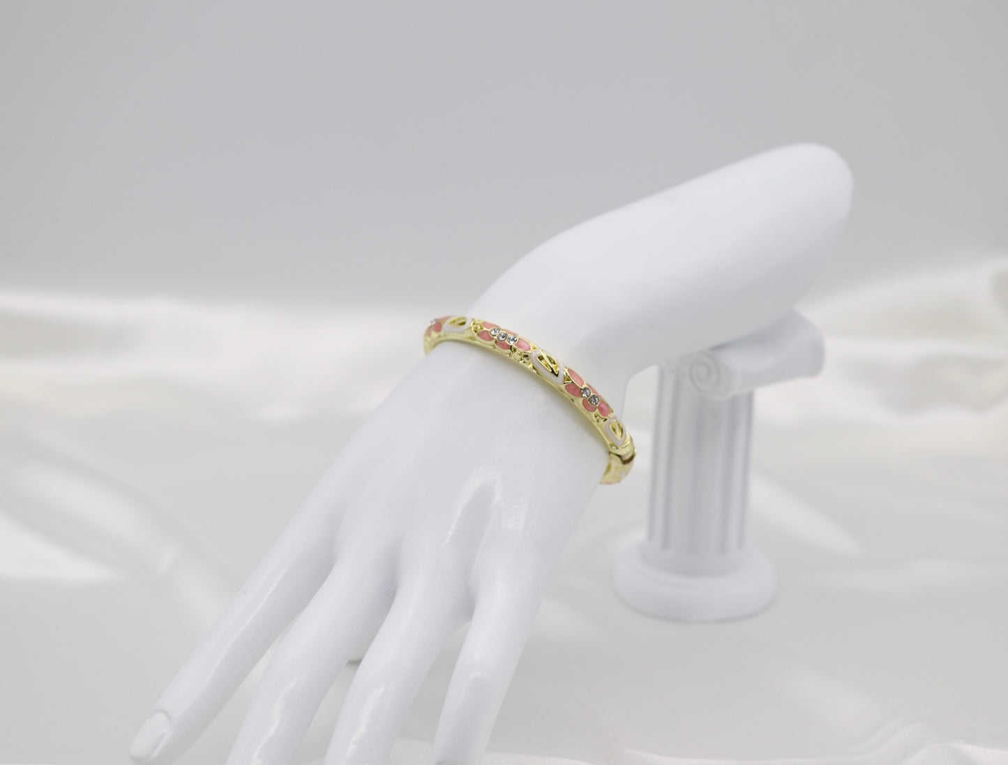 Thin Pink With CZ Station Enamel Hinged Bangle Bracelet