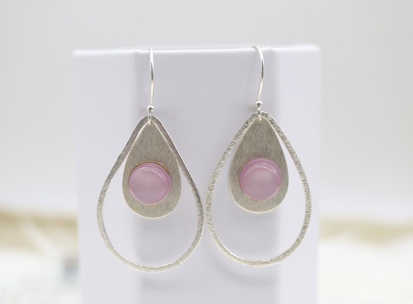 Silver Beaded Necklace With Violet Acrylic Teardrop Dangling Pendant