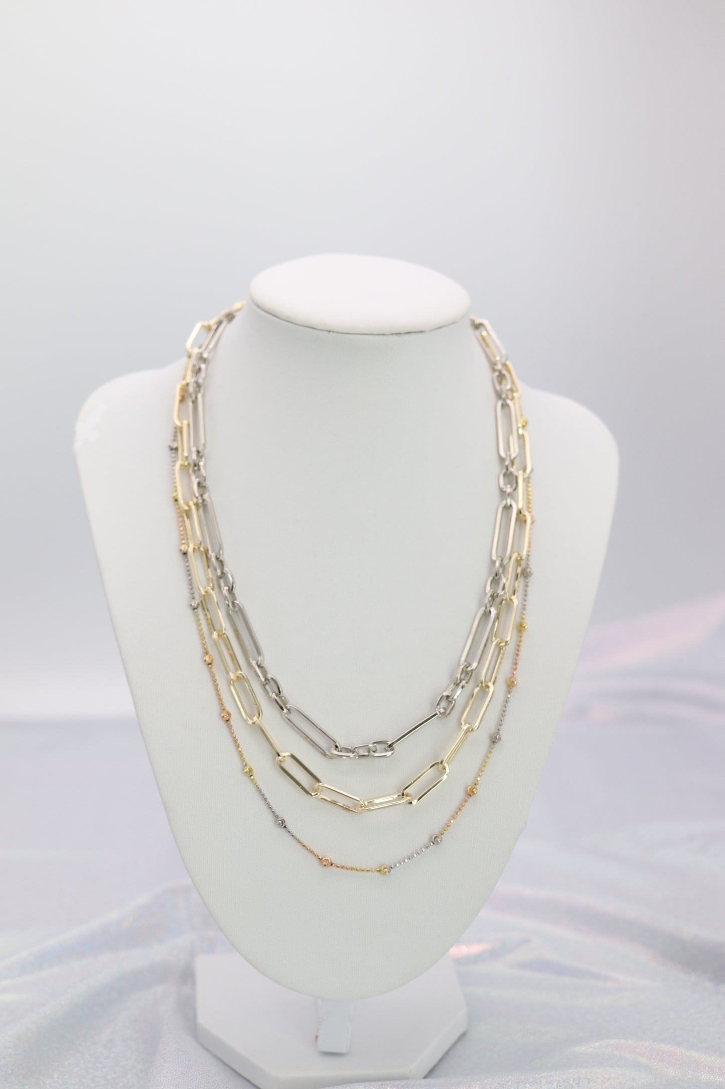 Gold, Silver Paperclip and Beaded Layered Necklace