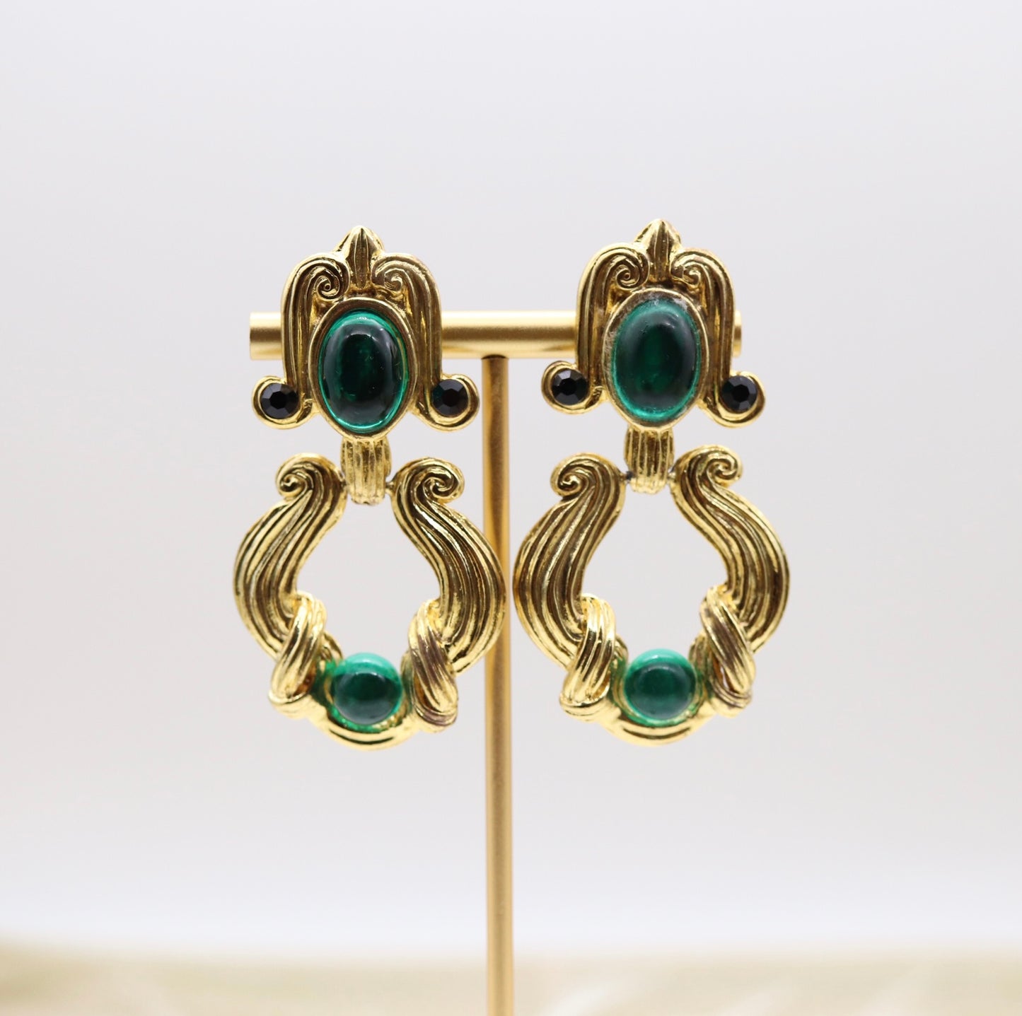 Matte Gold Dangling Clip-On Earrings with Multi-Colored Stones