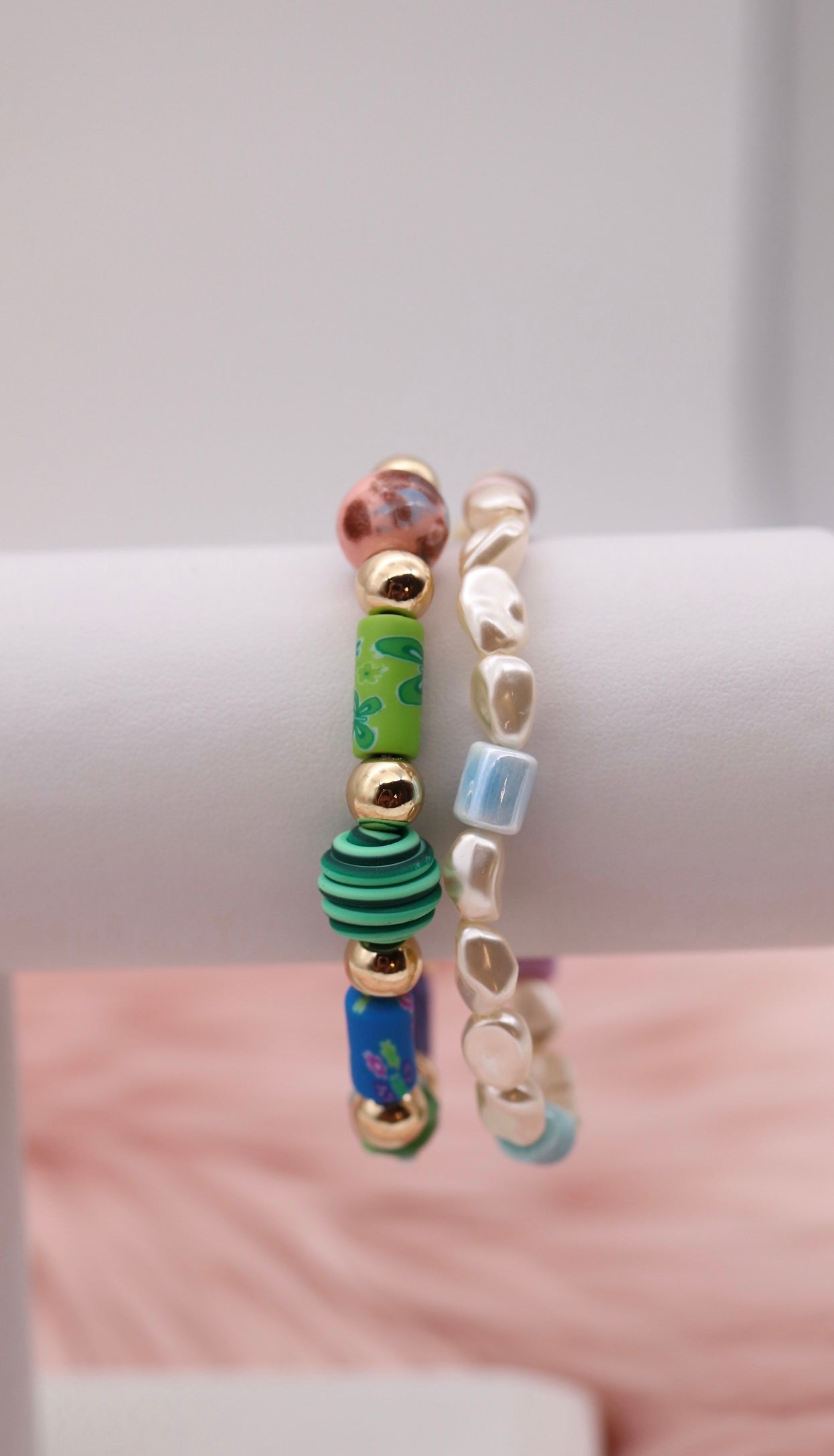 Gold Glass and Fimo Clay Bead Bracelet Set