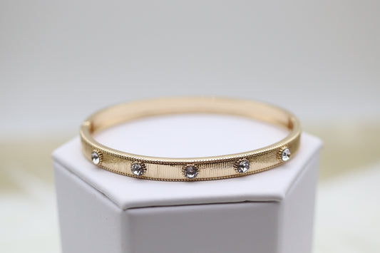 Gold Textured Hinge Bangle Bracelet With CZ Stations