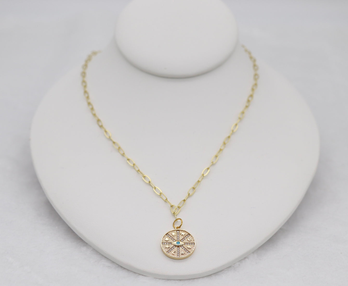 Gold Compass Pendant Necklace – Dainty Crystal Medallion with Evil Eye Detail