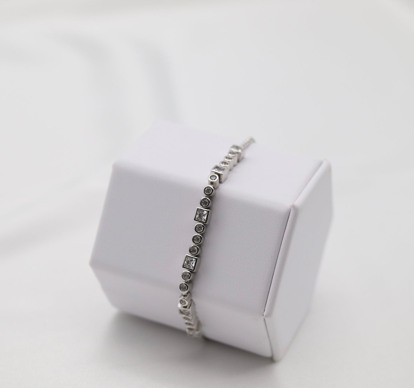 Square and Round Bezel Set CZ Silver Tennis Bracelet
