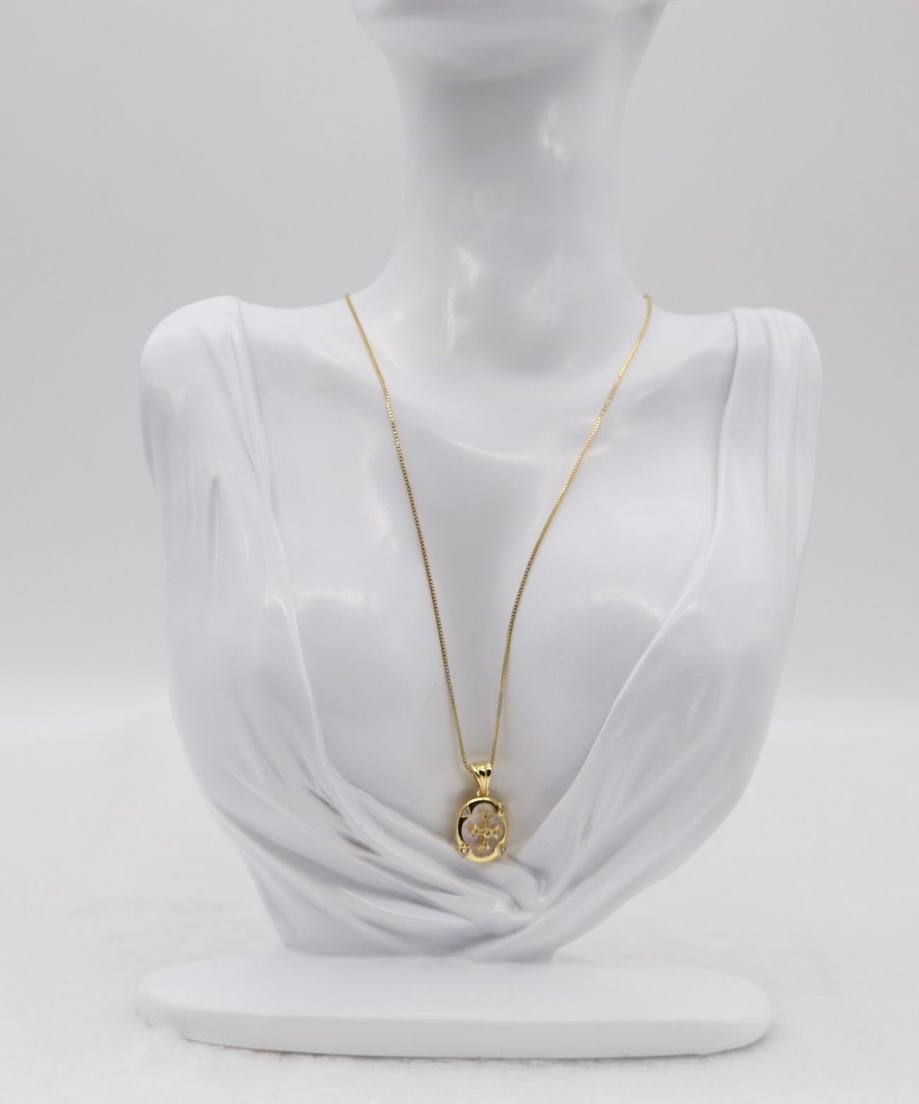 Gold Oval Cross Pendant Necklace – Mother of Pearl & Crystal Accents