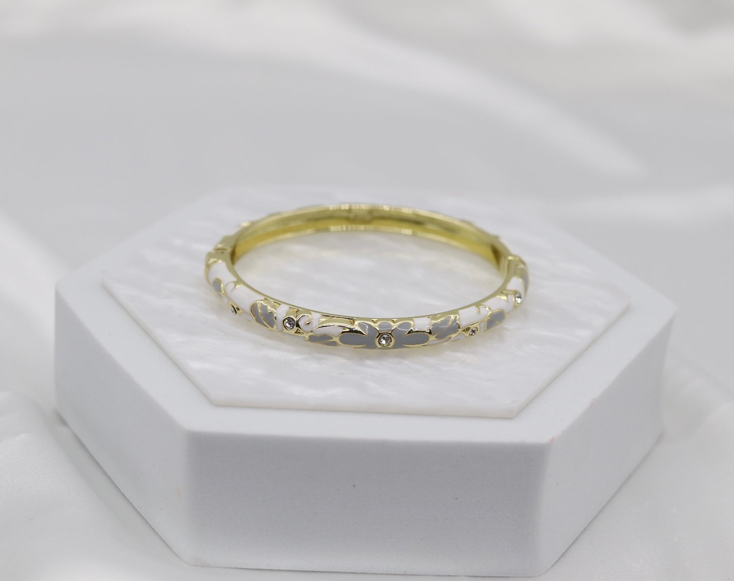 Thin White and Grey With CZ Station Enamel Hinged Bangle Bracelet