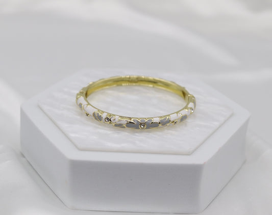 Thin White and Grey With CZ Station Enamel Hinged Bangle Bracelet