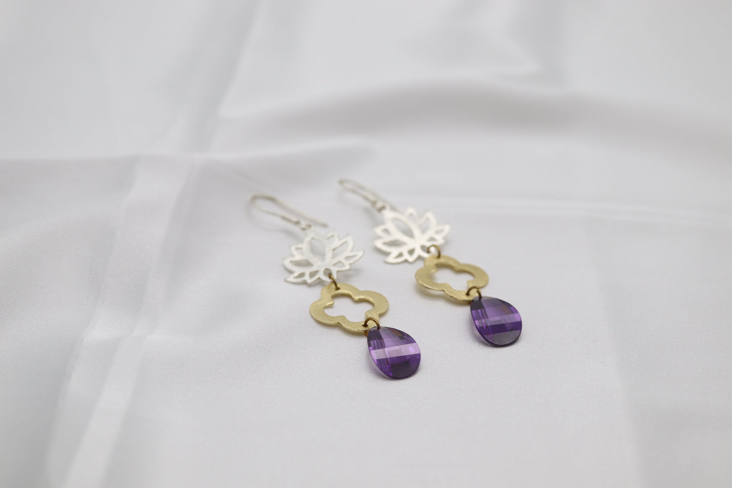 Filigree Dangling Purple Stone Earrings Made With Faceted Fancy Cut Cubics