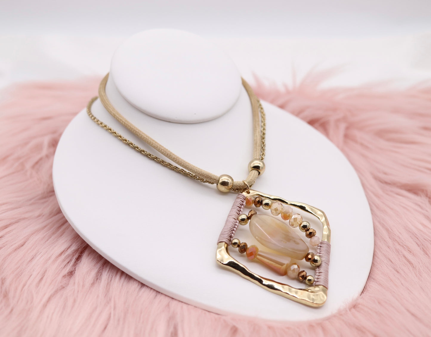 Pink Stone and Carnelia Color Beads Pendant With Multi Chain