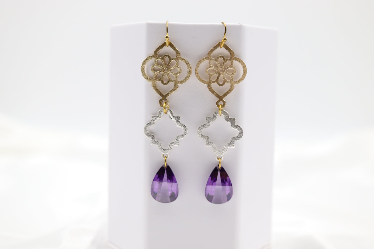Filigree Dangling Purple Stone Earrings Made With Faceted Fancy Cut Cubics