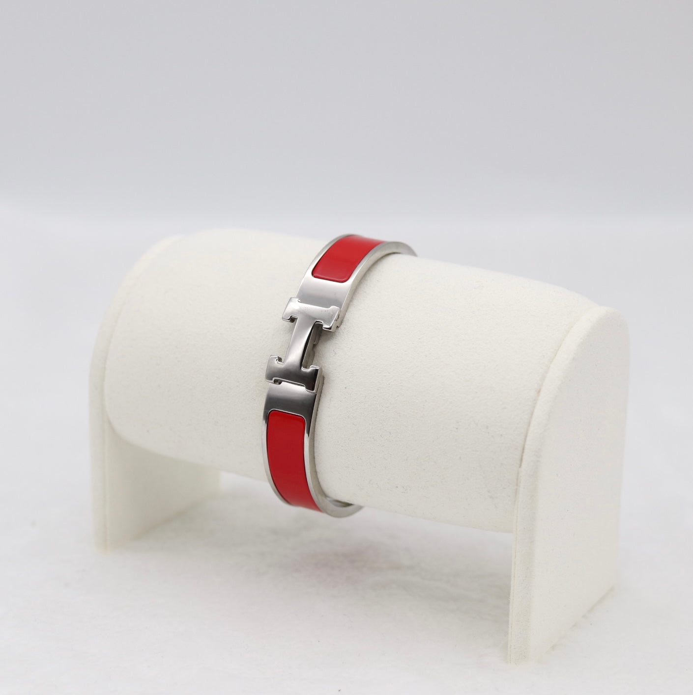Bold Red Enamel “H” Bracelet – Silver Tone