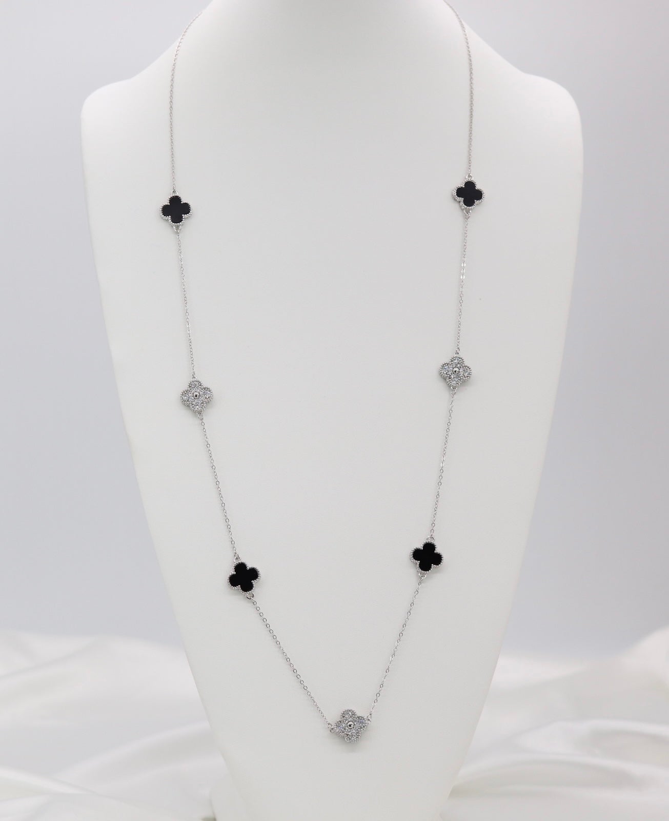 Black and CZ Clover Stations Silver Necklace