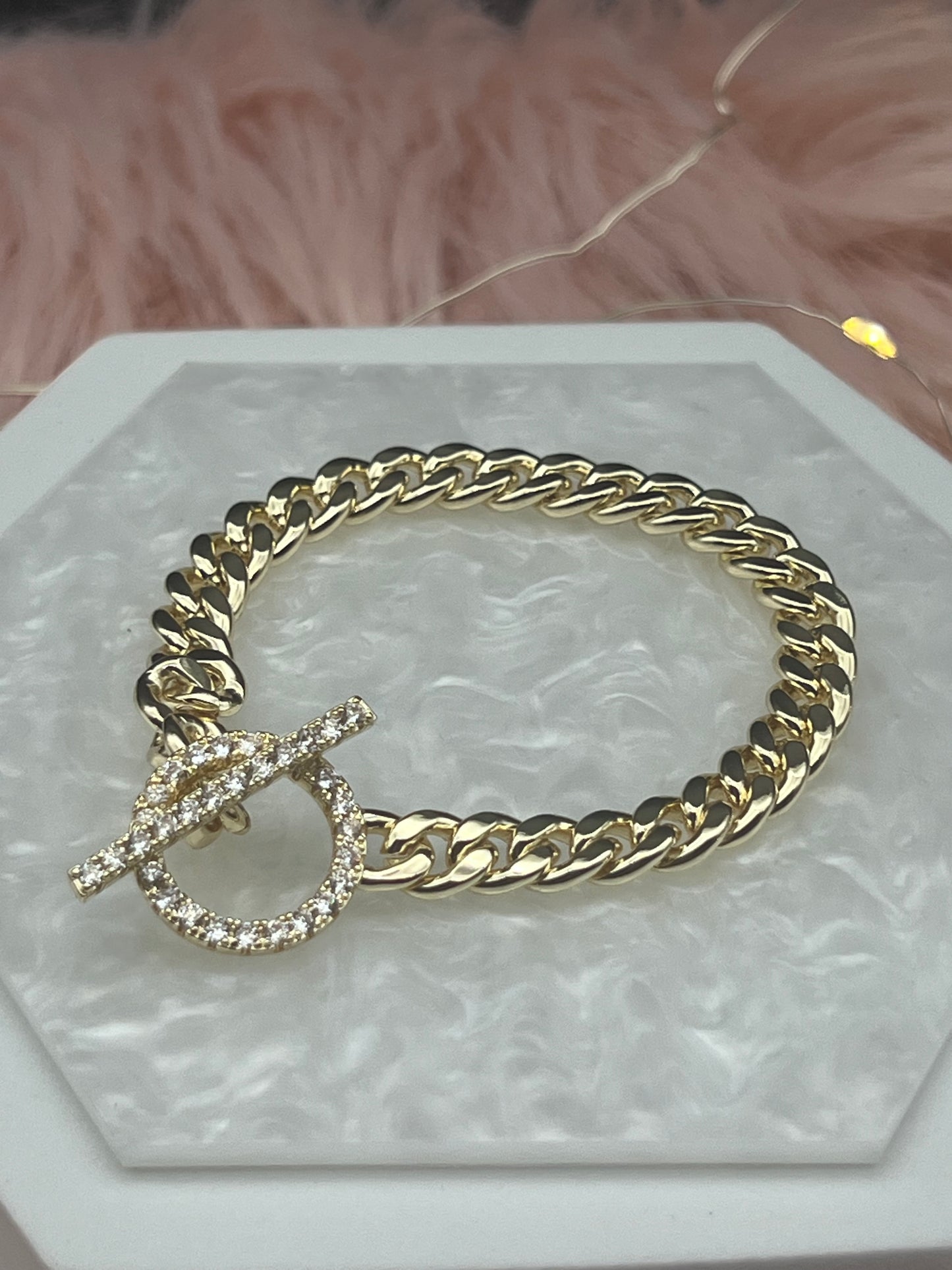 Small Gold Chain Link CZ Toggle Bracelet