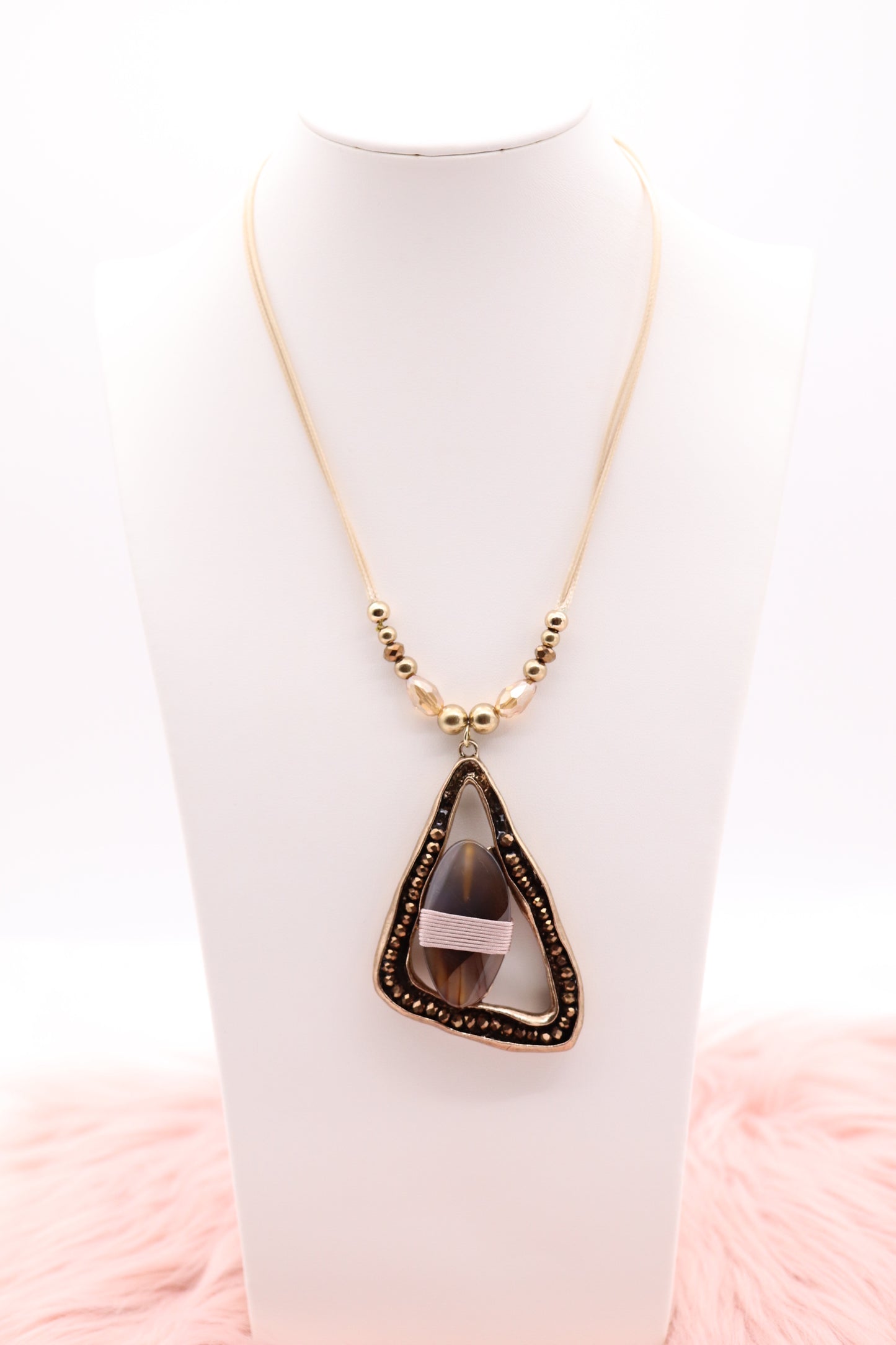 Gold Stone and Carnelia Color Beads Pendant with Multi Tan Rope Chain