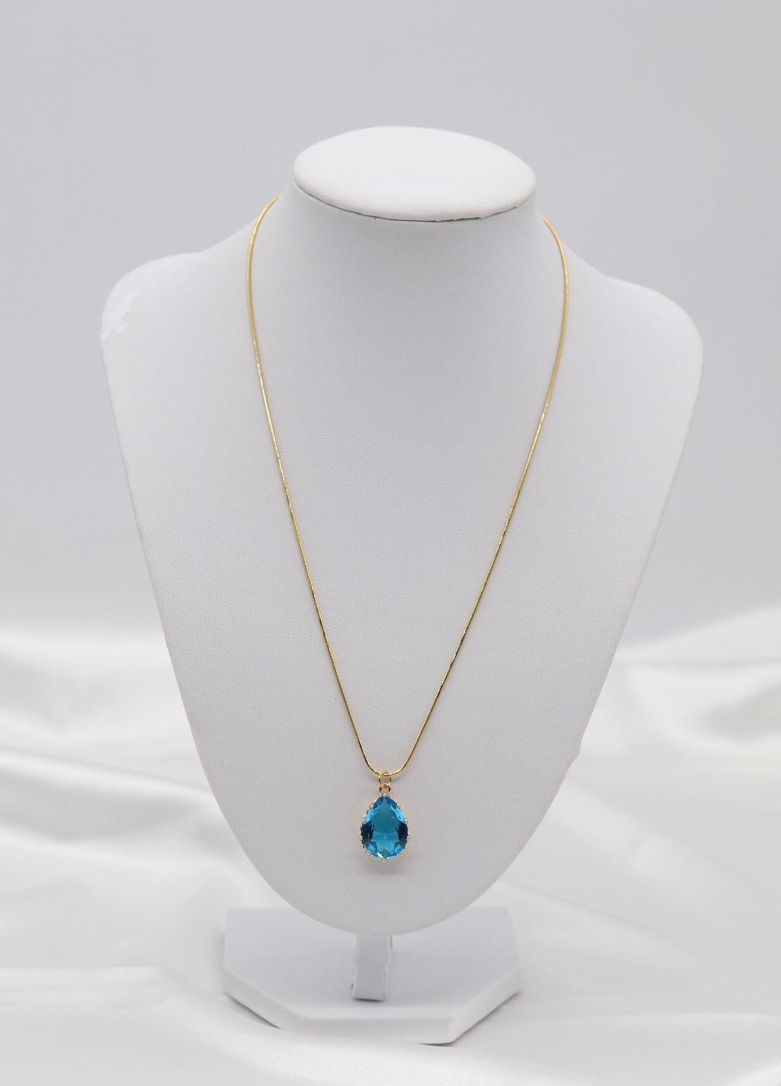 Gold Snake Chain w/Aquamarine Teardrop Necklace