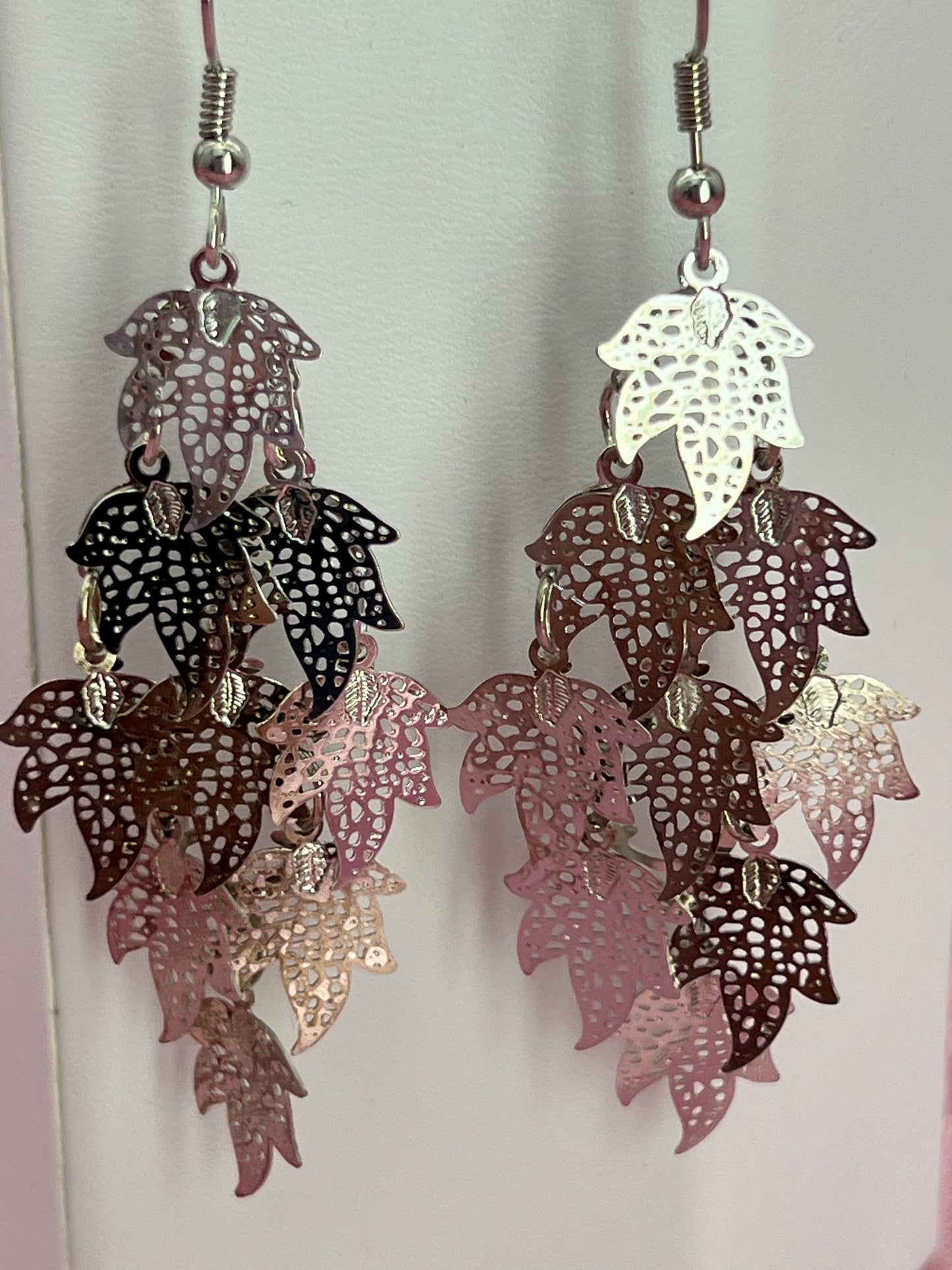 Bohemian Multi Layered Filigree Maple Leaves Dangle Drop Long Statement Earrings, Silver