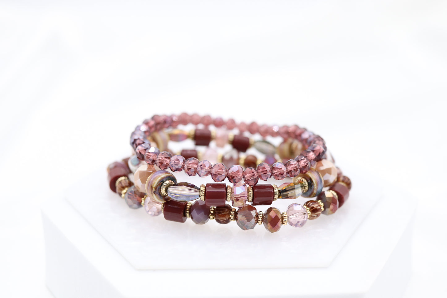 Gold Purple Plum Glass Ceramic Bead Bracelet Set