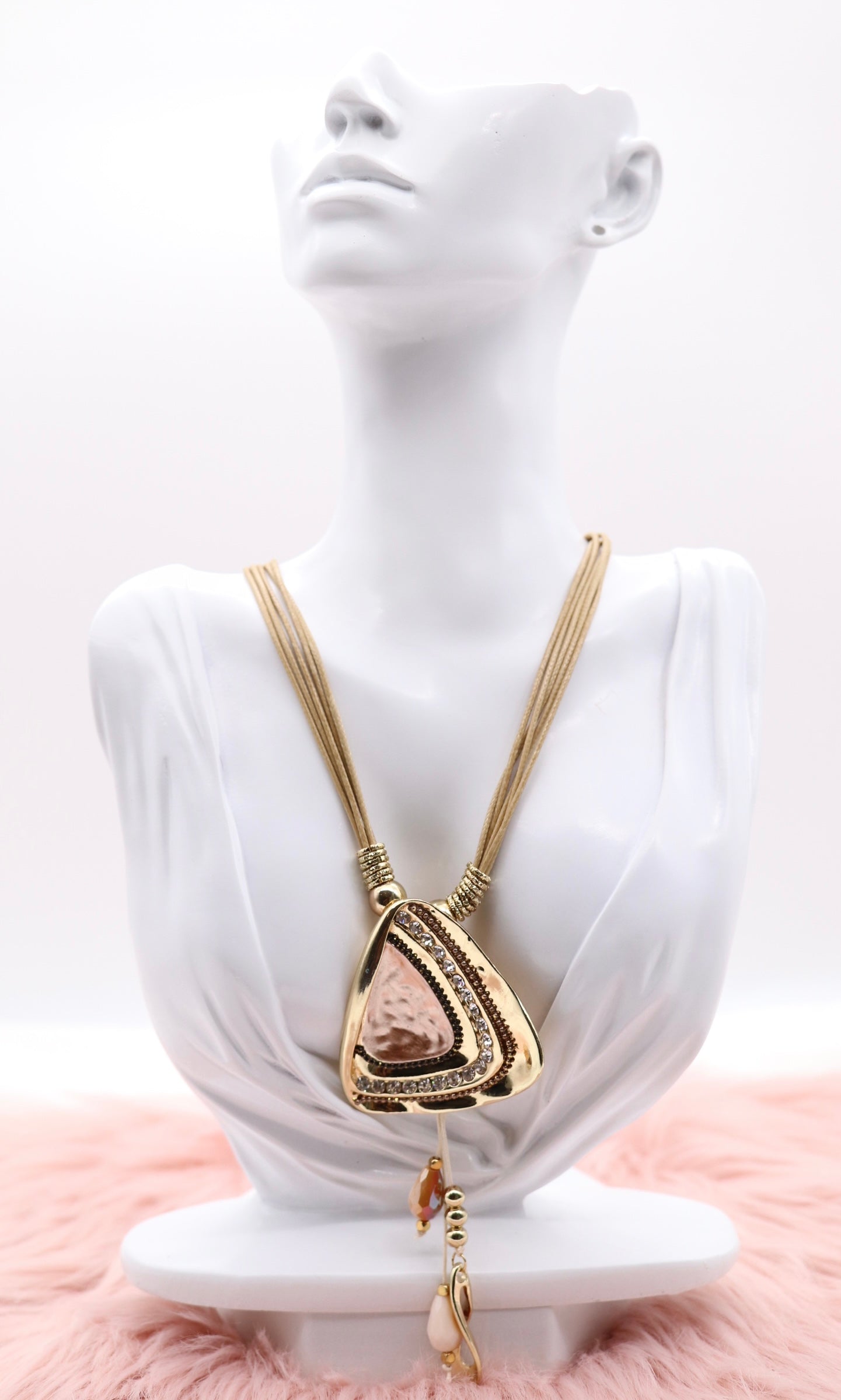 Gold and Cooper Metallic Pendant With Dangling Stones, Multi Tan Rope Necklace