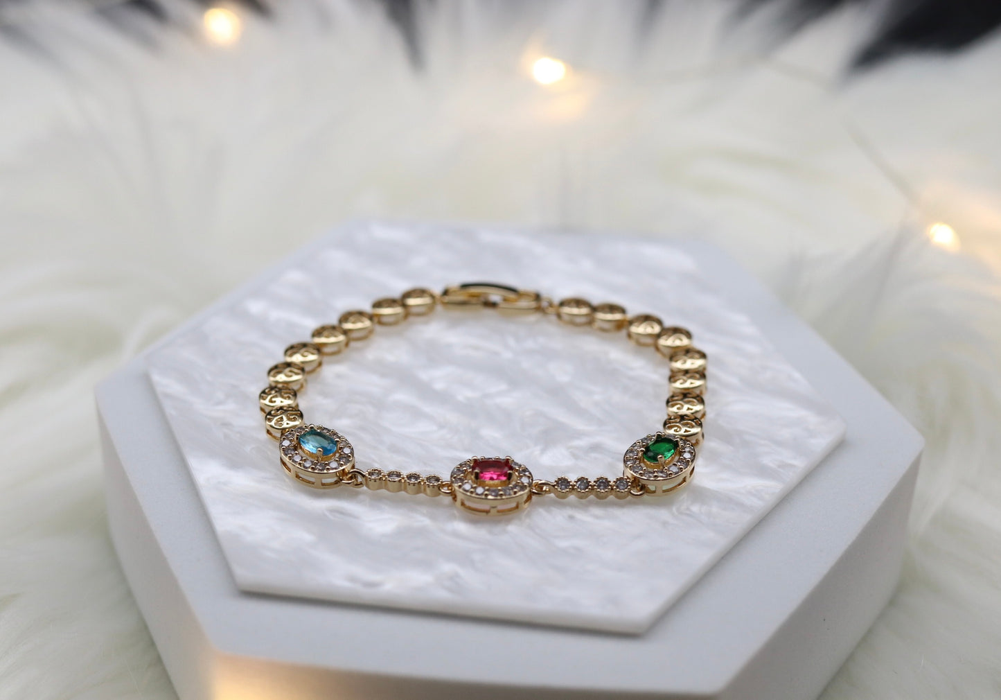 Light Blue, Red and Emerald Green Stone Tennis Bracelet