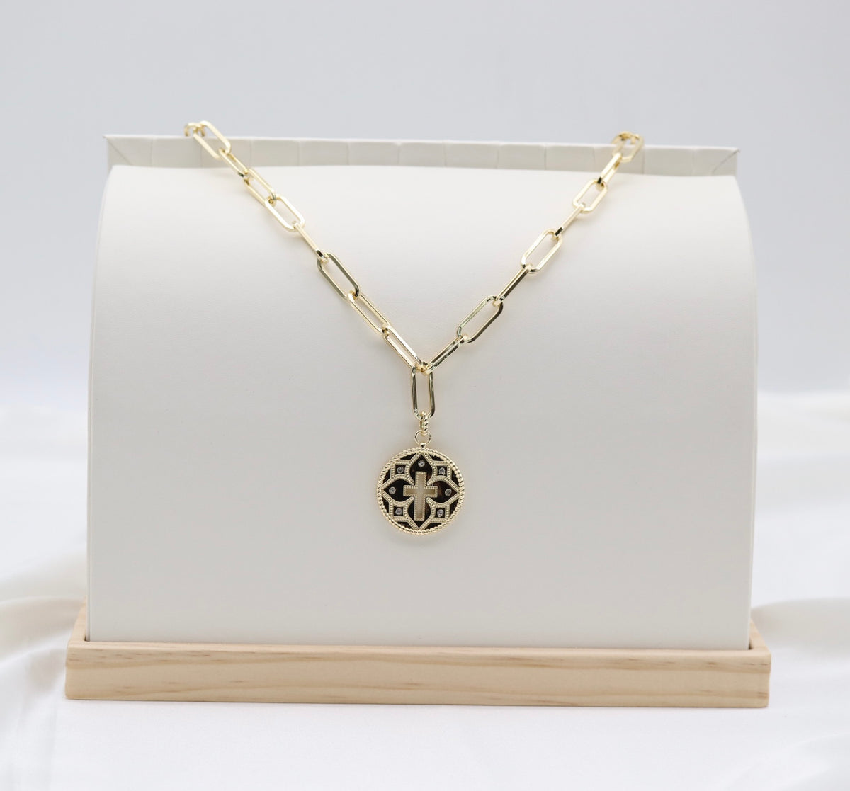Gold Paperclip Chain Cross Medallion Necklace