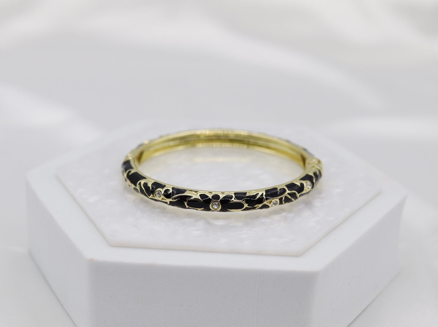 Thin Black With CZ Station Enamel Hinged Bangle Bracelet