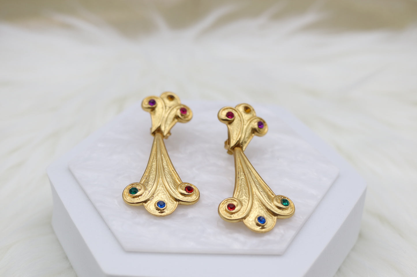 Matte Gold Filigree Dangling Clip-On Earrings with Multi-Colored Stones