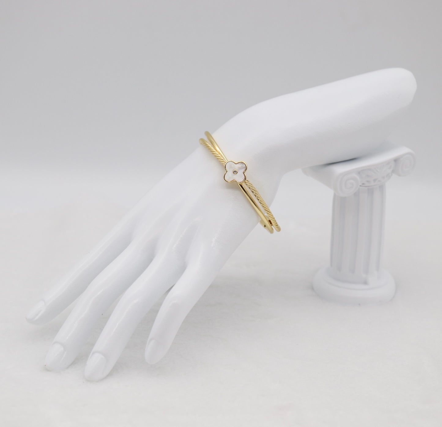 Gold Cable Cuff Bracelet with Mother-of-Pearl Clover