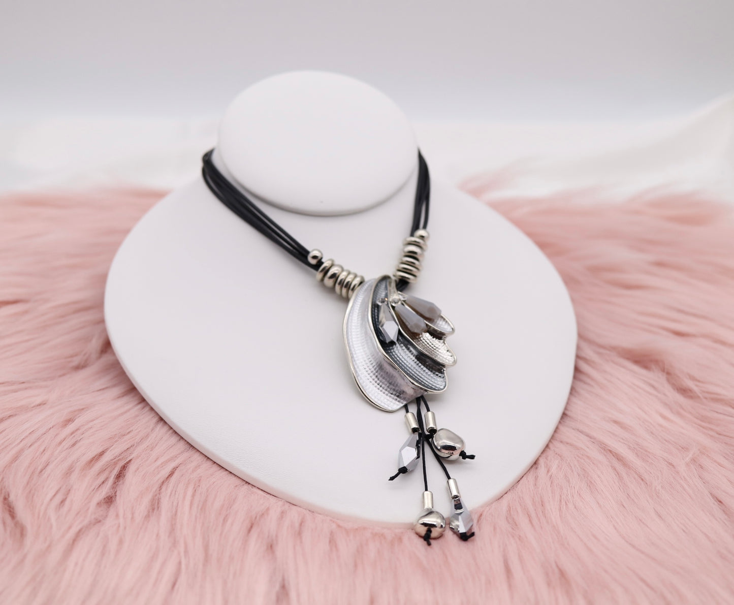 Half Silver Shell CZ Pendant With Multi Black Rope Necklace