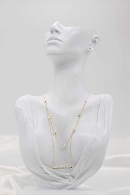 Layered Bezel Set Station Necklace With Paved CZ Bar Pendant