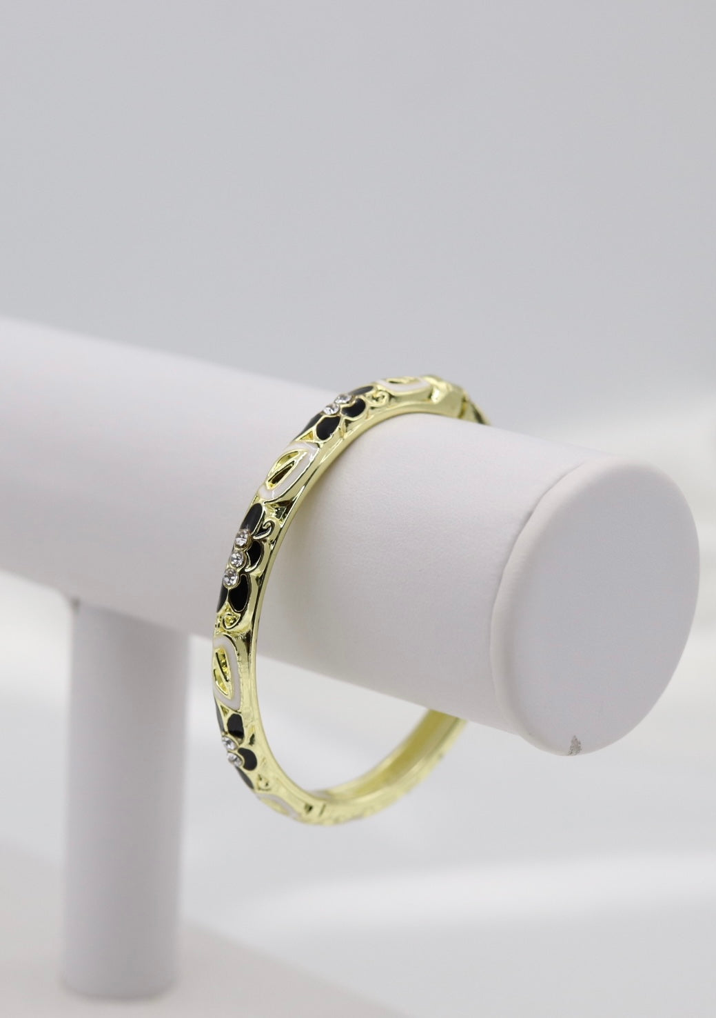 Thin Black and White With CZ Station Enamel Hinged Bangle Bracelet