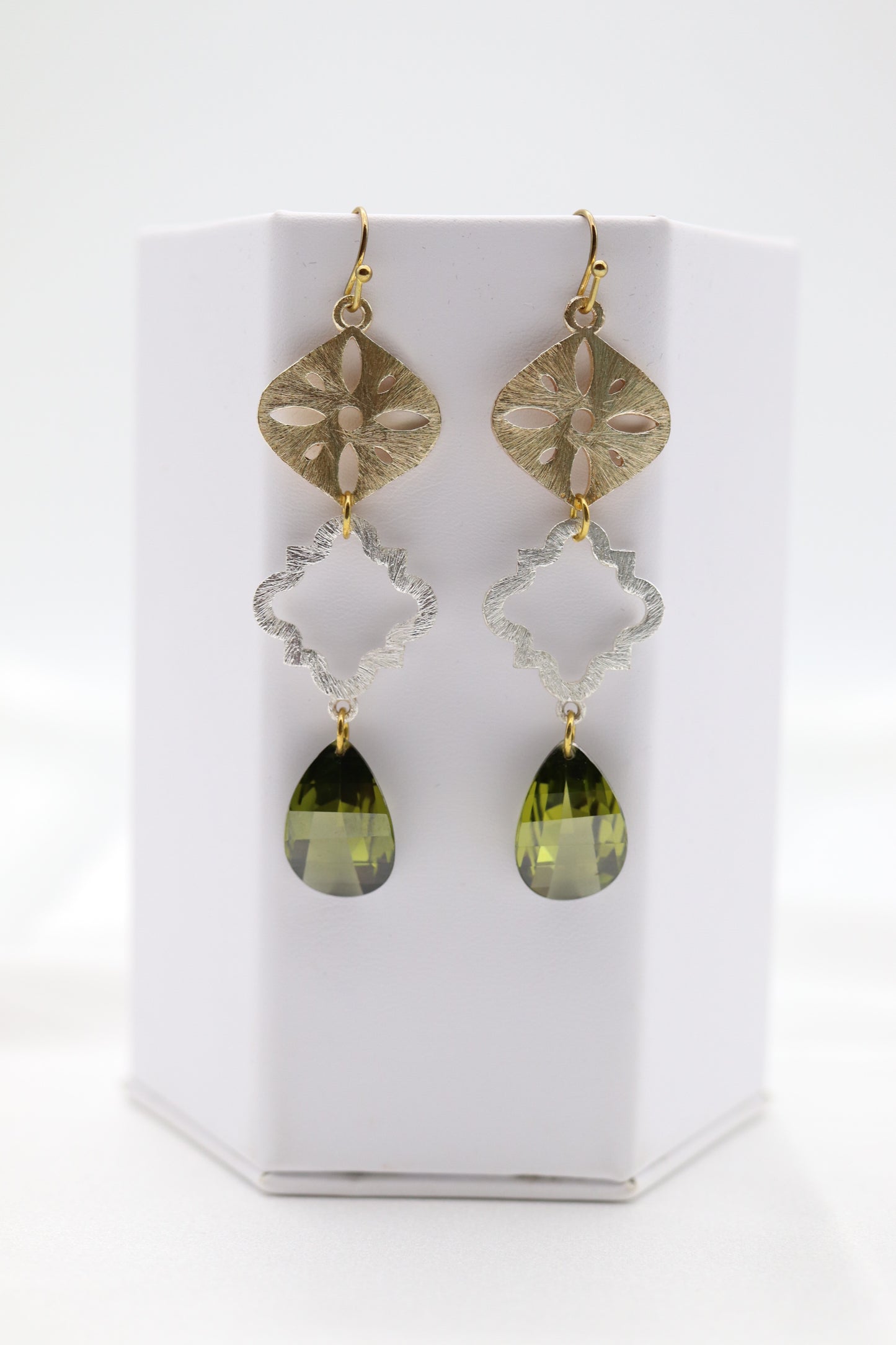 Filigree Dangling Emerald Green Stone Earrings Made With Faceted Fancy Cut Cubics
