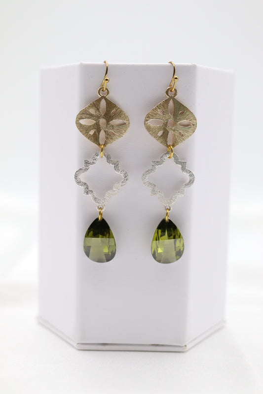 Filigree Dangling Emerald Green Stone Earrings Made With Faceted Fancy Cut Cubics