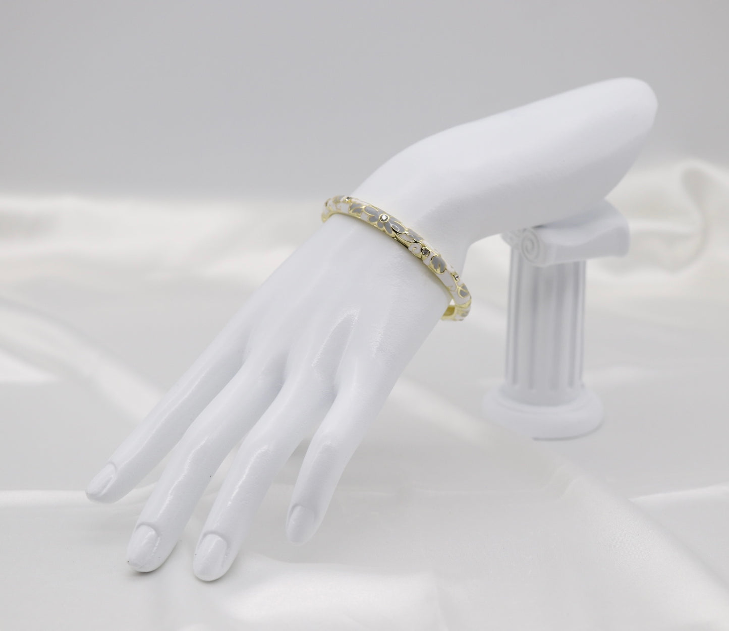 Thin White and Grey With CZ Station Enamel Hinged Bangle Bracelet