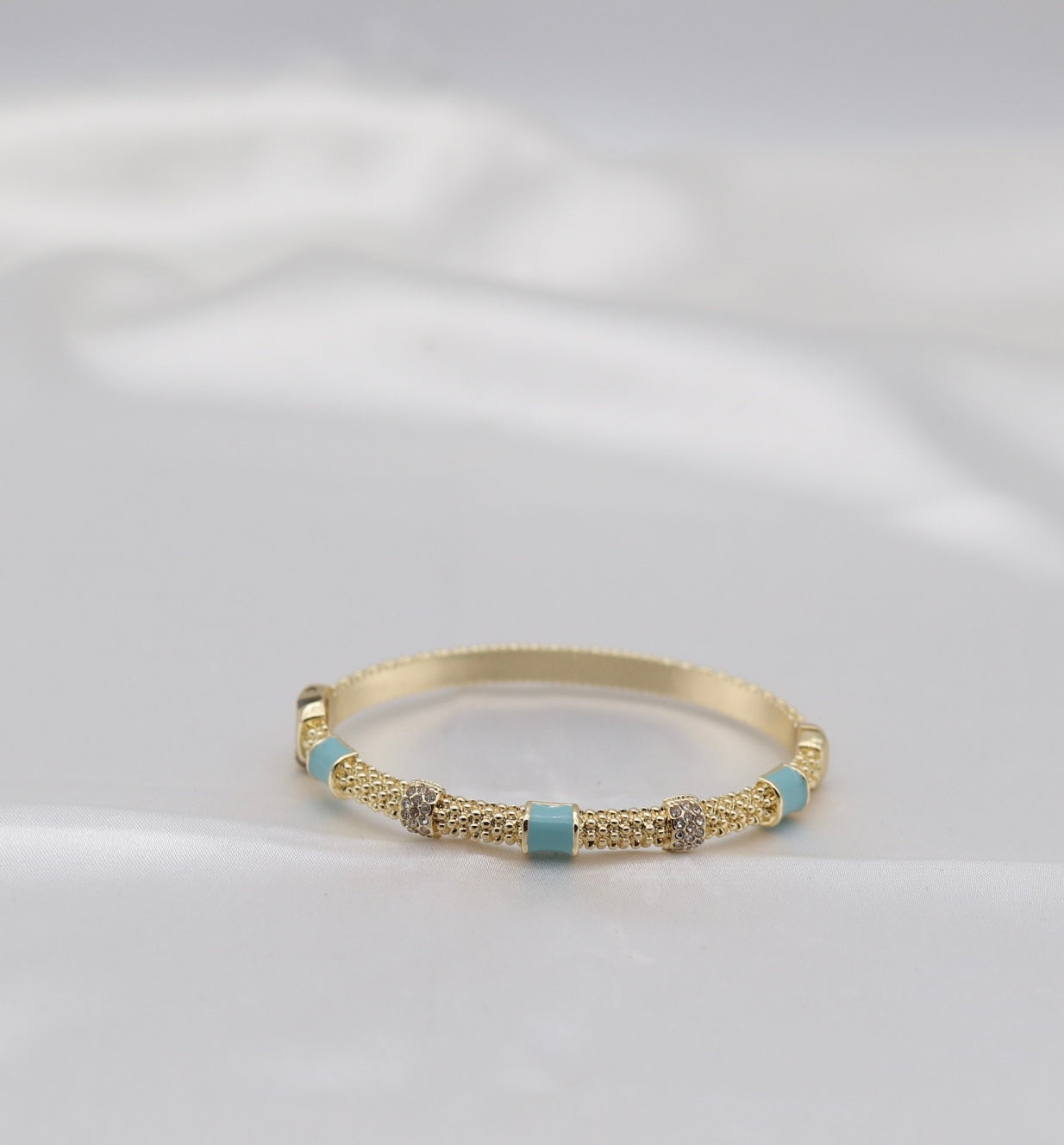 Turquoise Enamel & Crystal Gold Beaded Bangle Bracelet